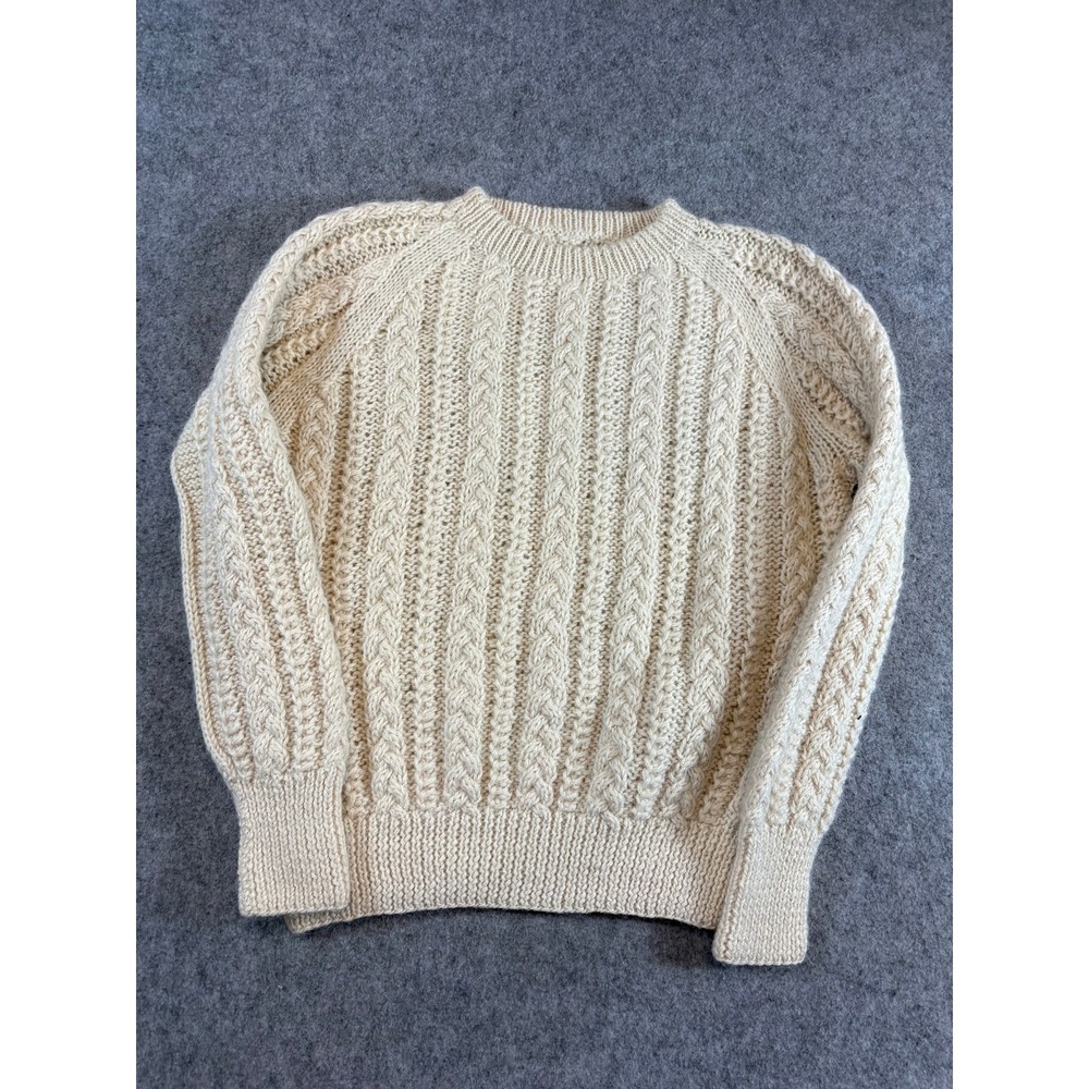 Vintage 70s Sweater Womens Medium Beige Cable Knit Aran Irish Crew Neck Raglan